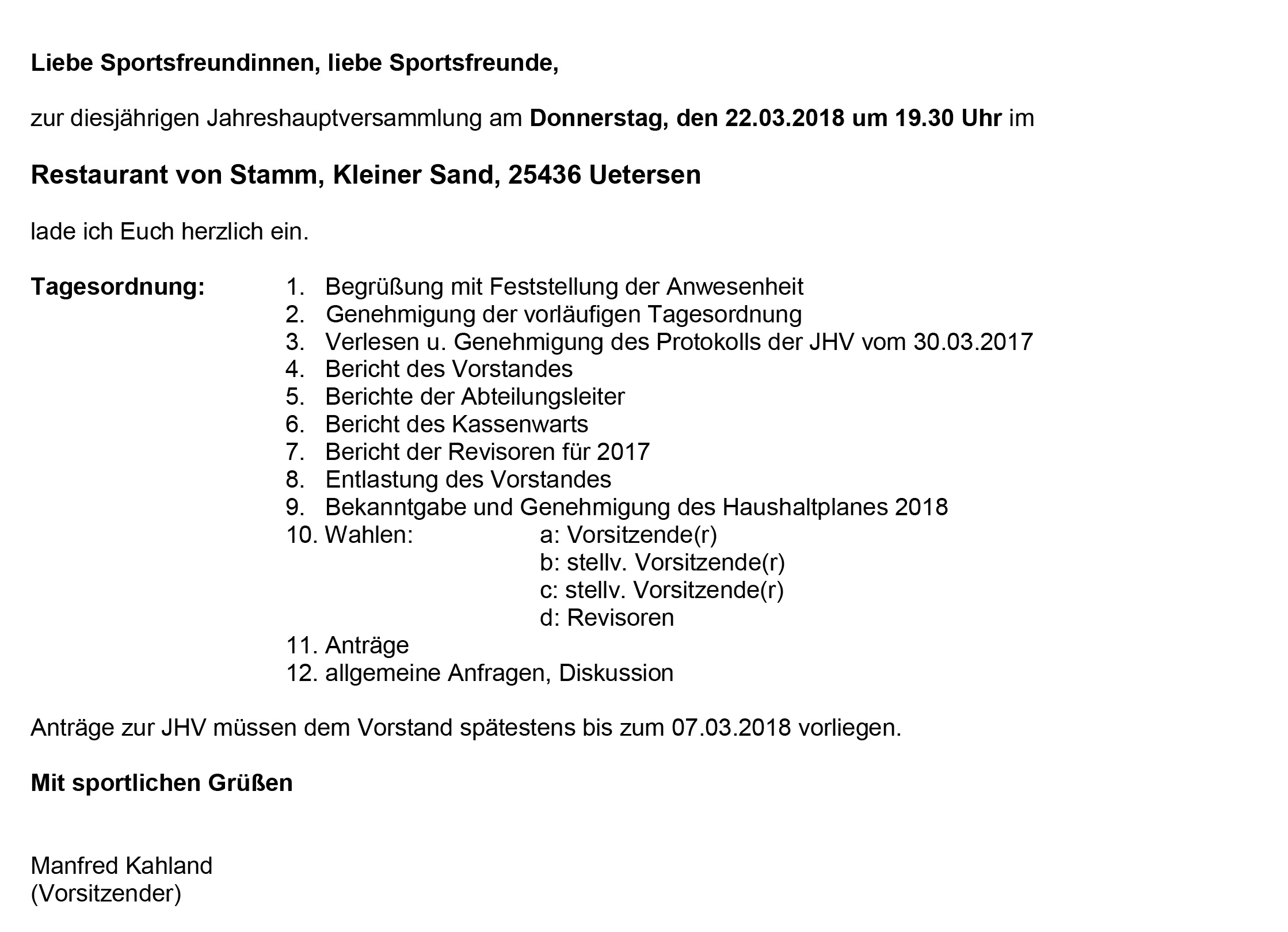 Einladung zur JHV 2018