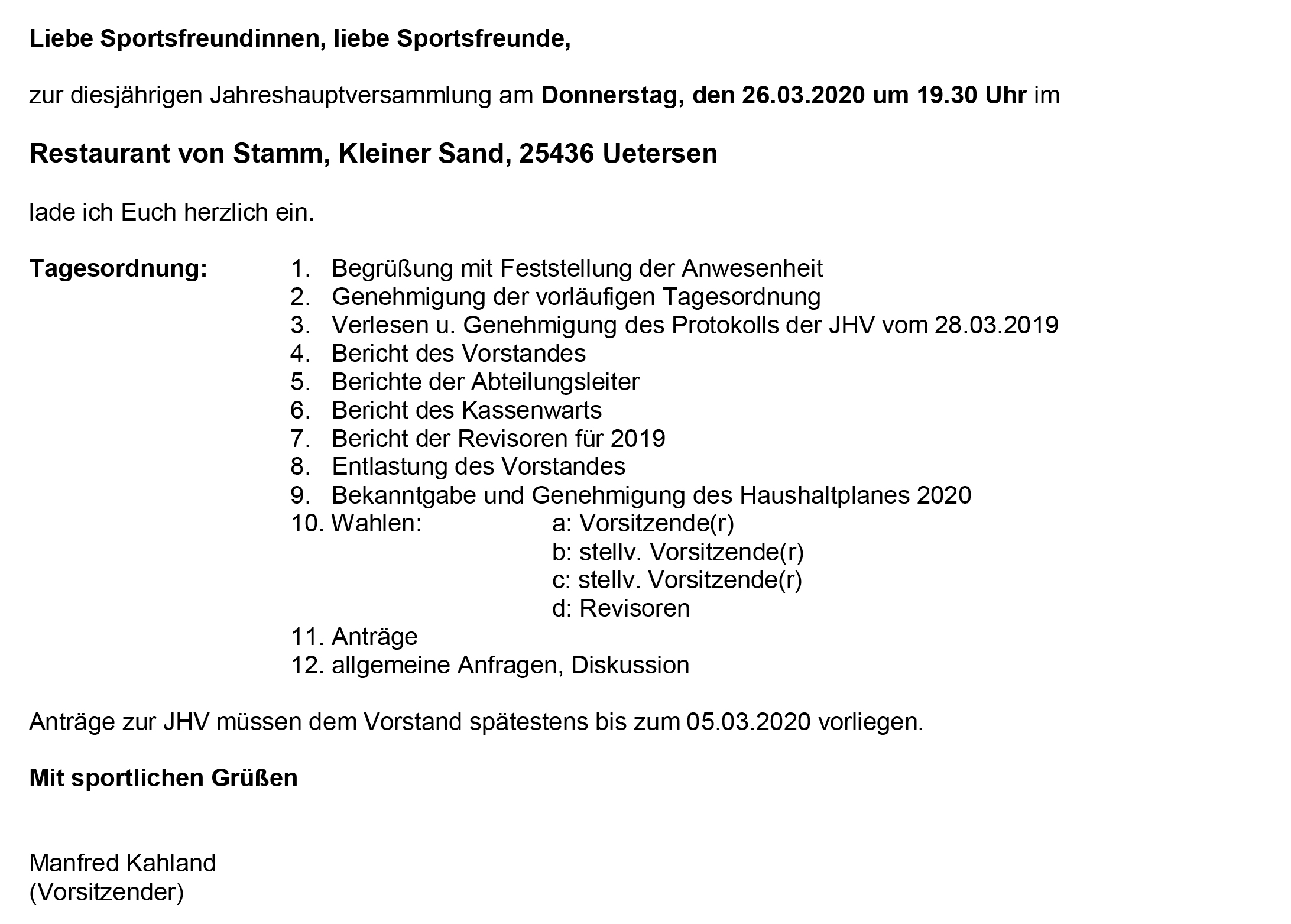 Einladung zur Jahreshauptversammlung 2020