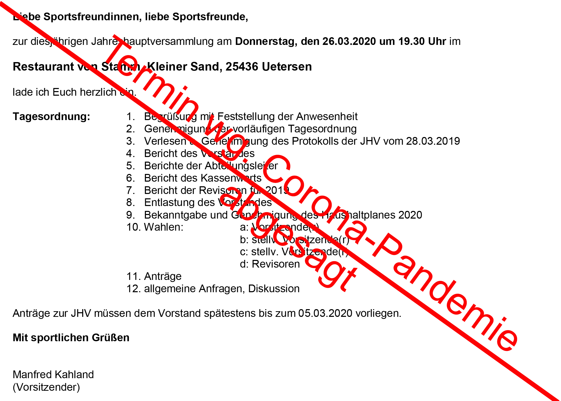 Absage Termin der JHV 2020 wg. Corona-Pandemie