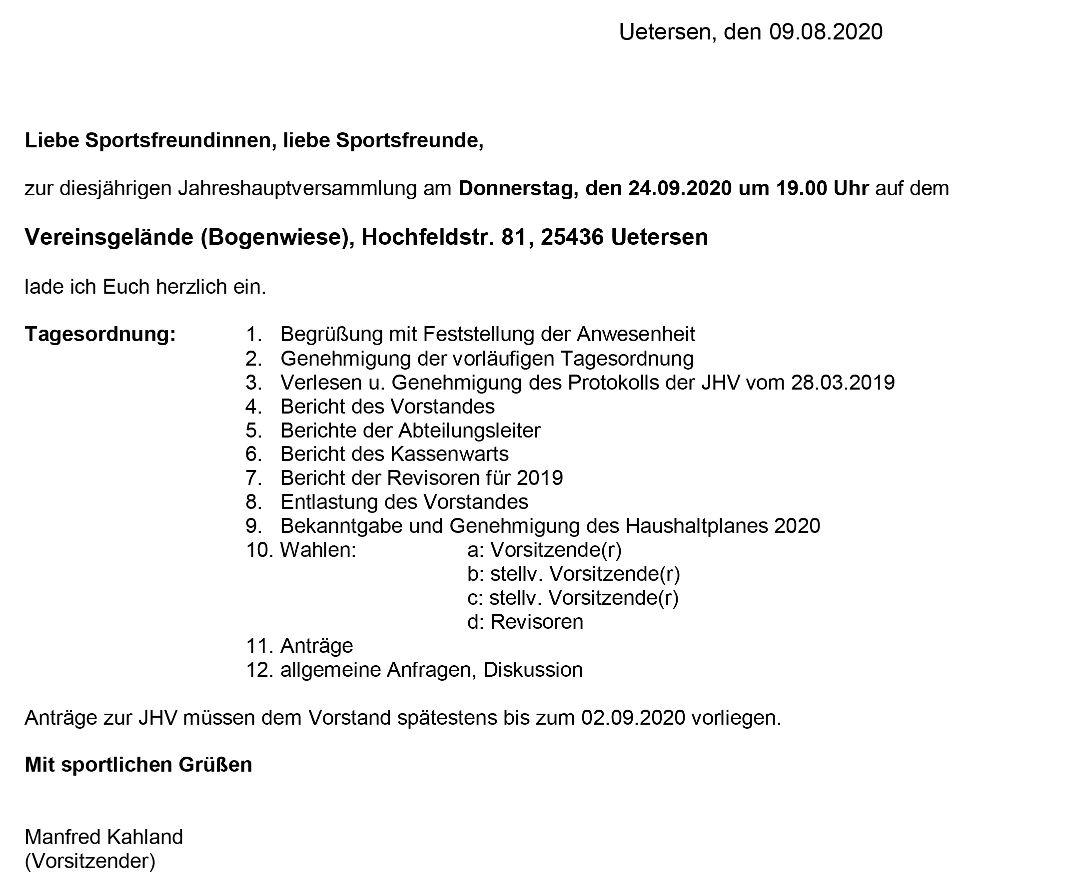 Einladung USG Jahreshauptversammlung 2020 - neuer Termin