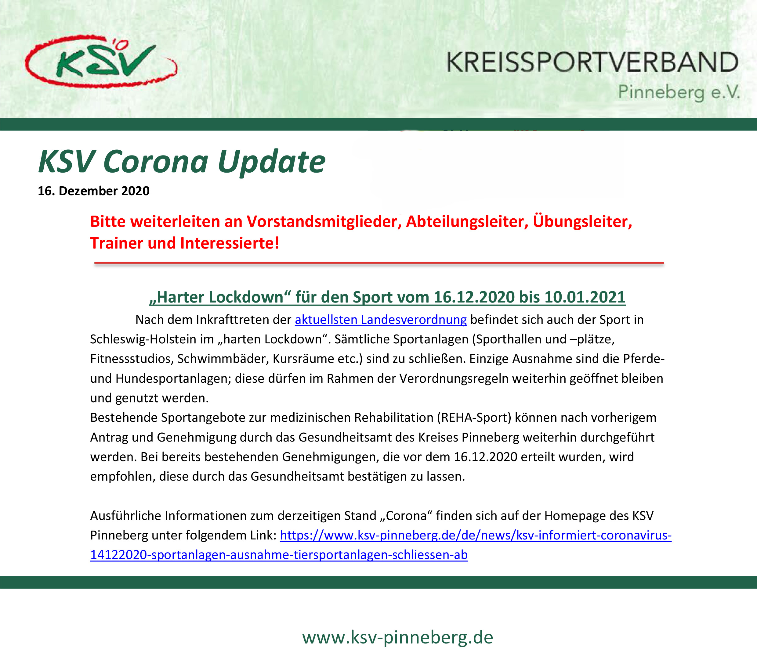 KSV Corona Update 16. Dezember 2020