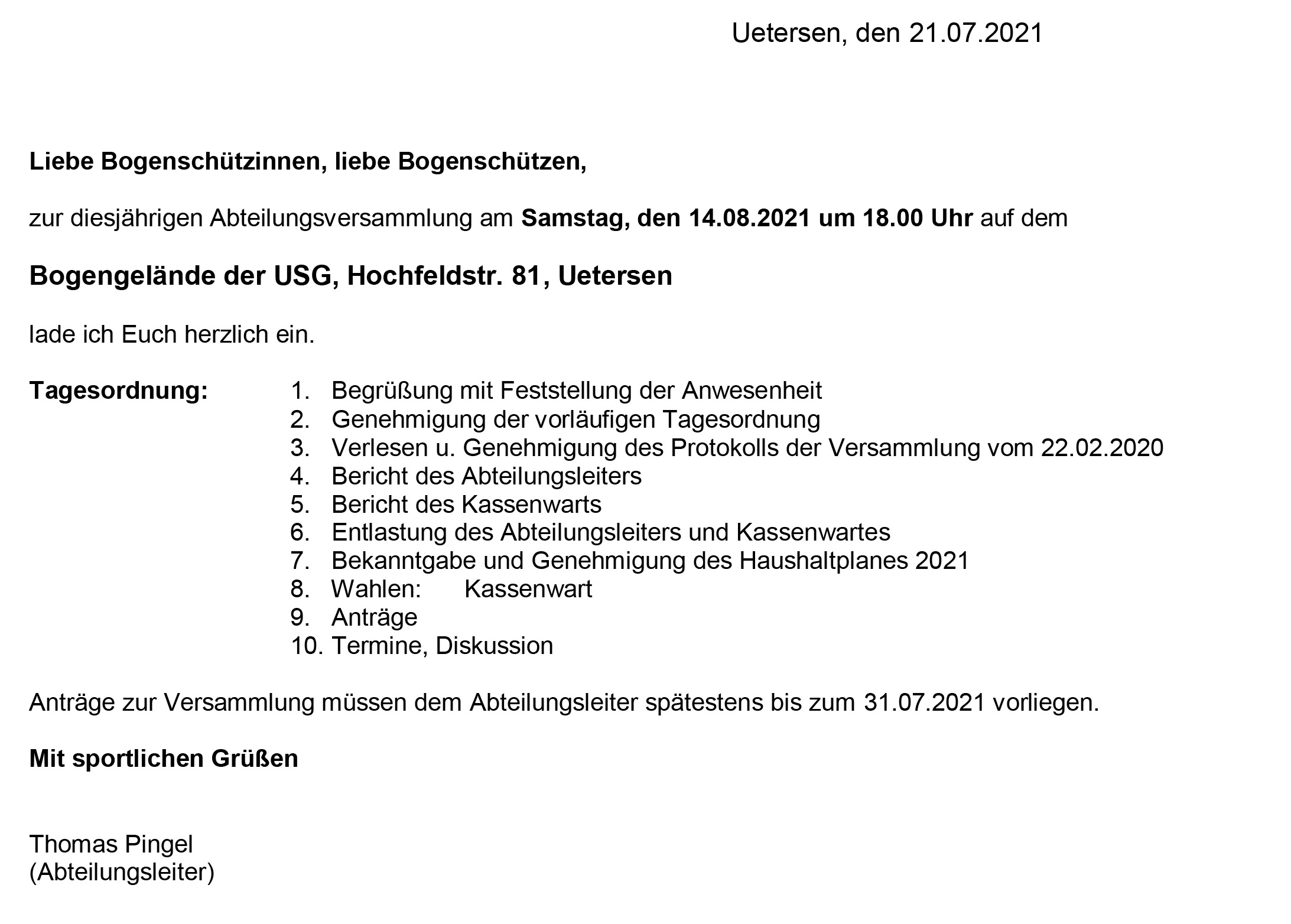 Einladung zur Abt.-Versammlung Bogen 2021