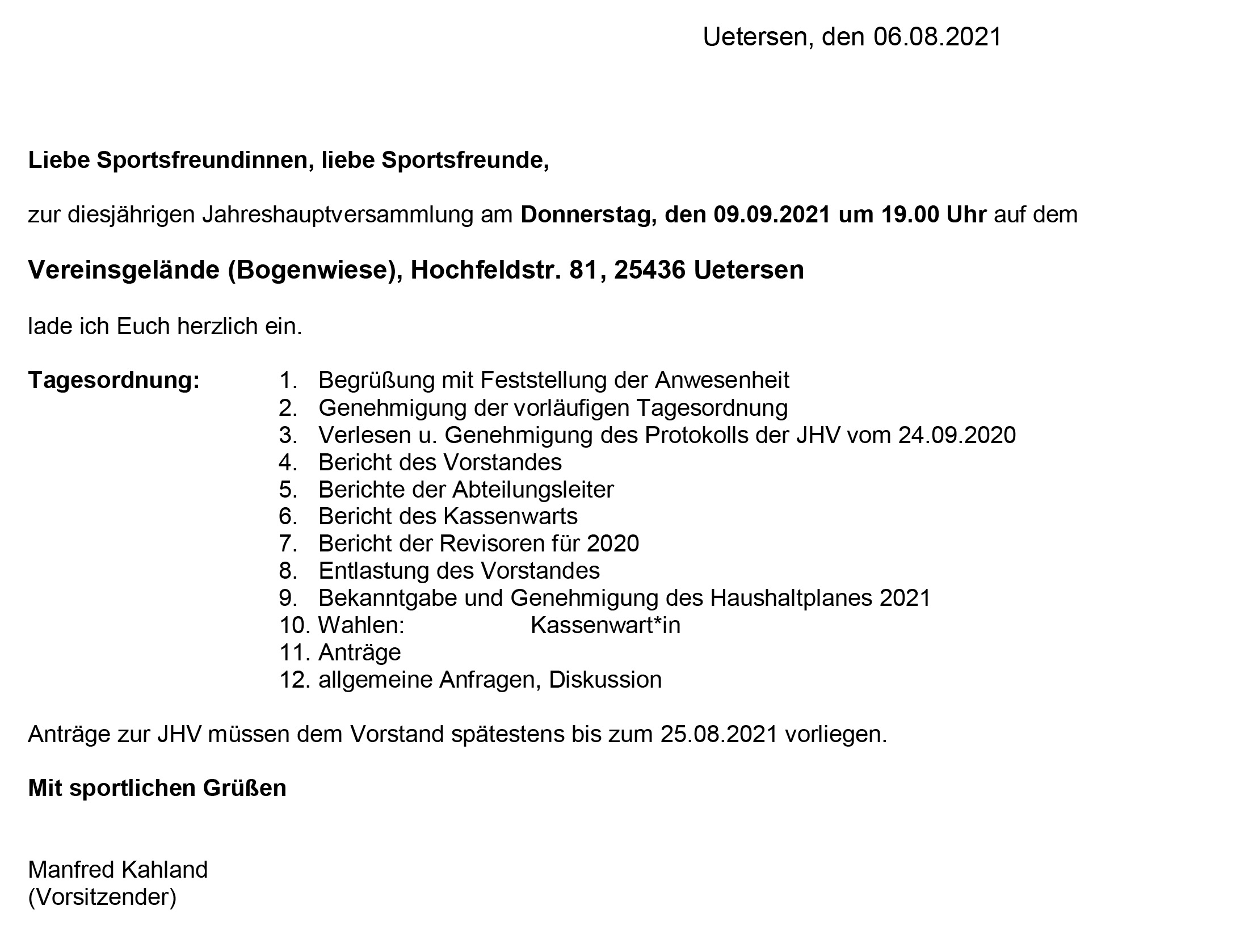Einladung JHV 2021