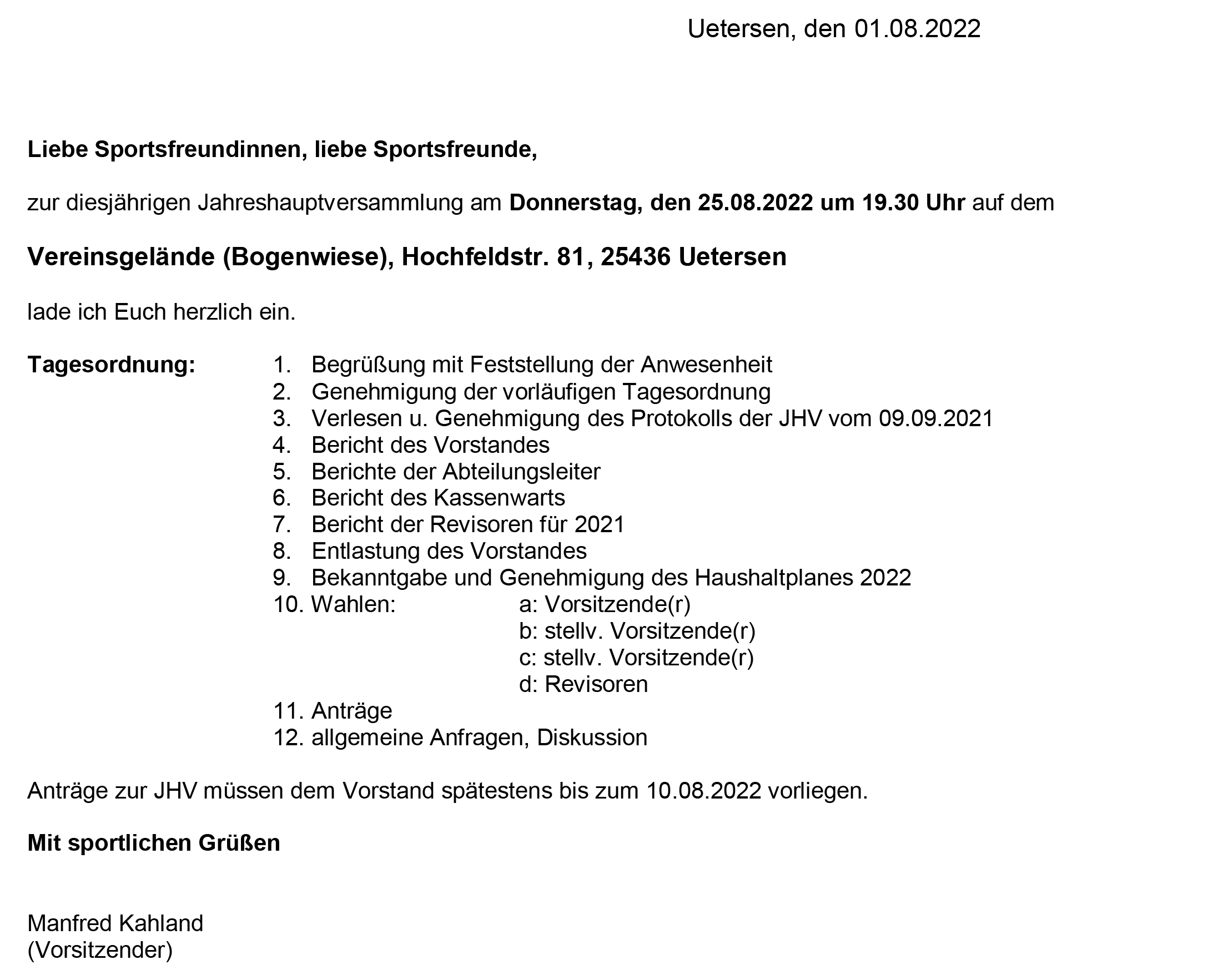 Einladung zur Jahreshauptversammlung 2022