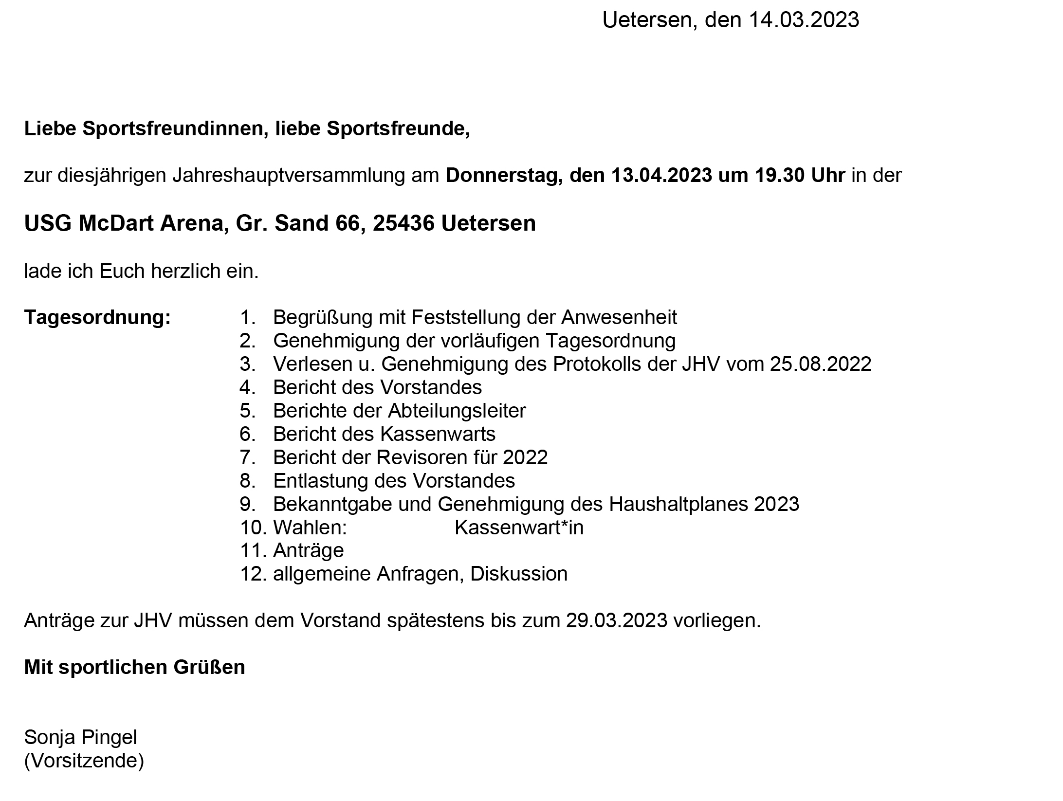 Einladung zur Jahreshauptversammlung 2023